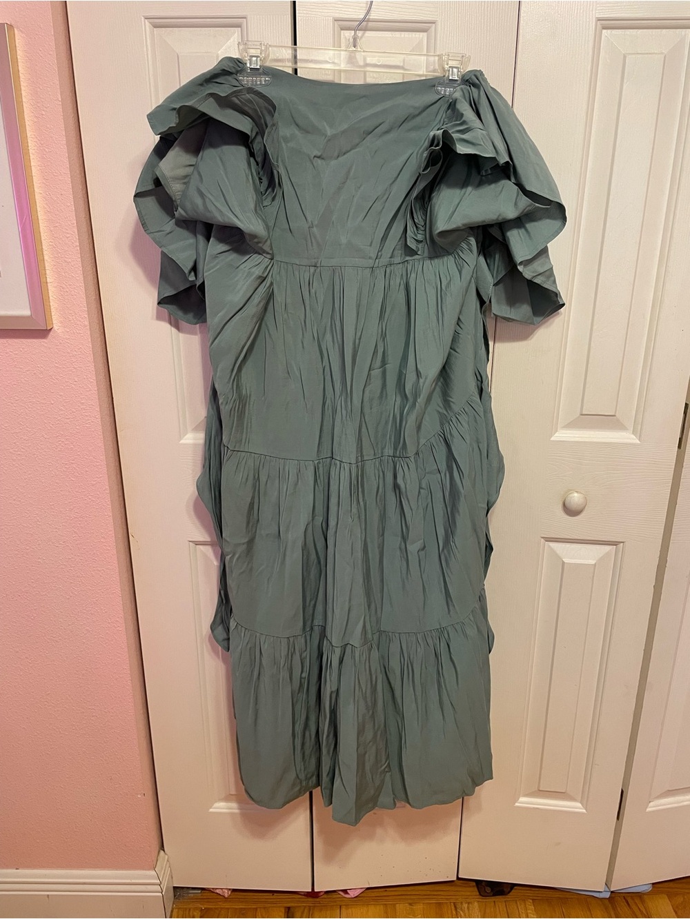 ARULA Sage Green Tiered Midi Dress with Dramatic Puff Sleeves